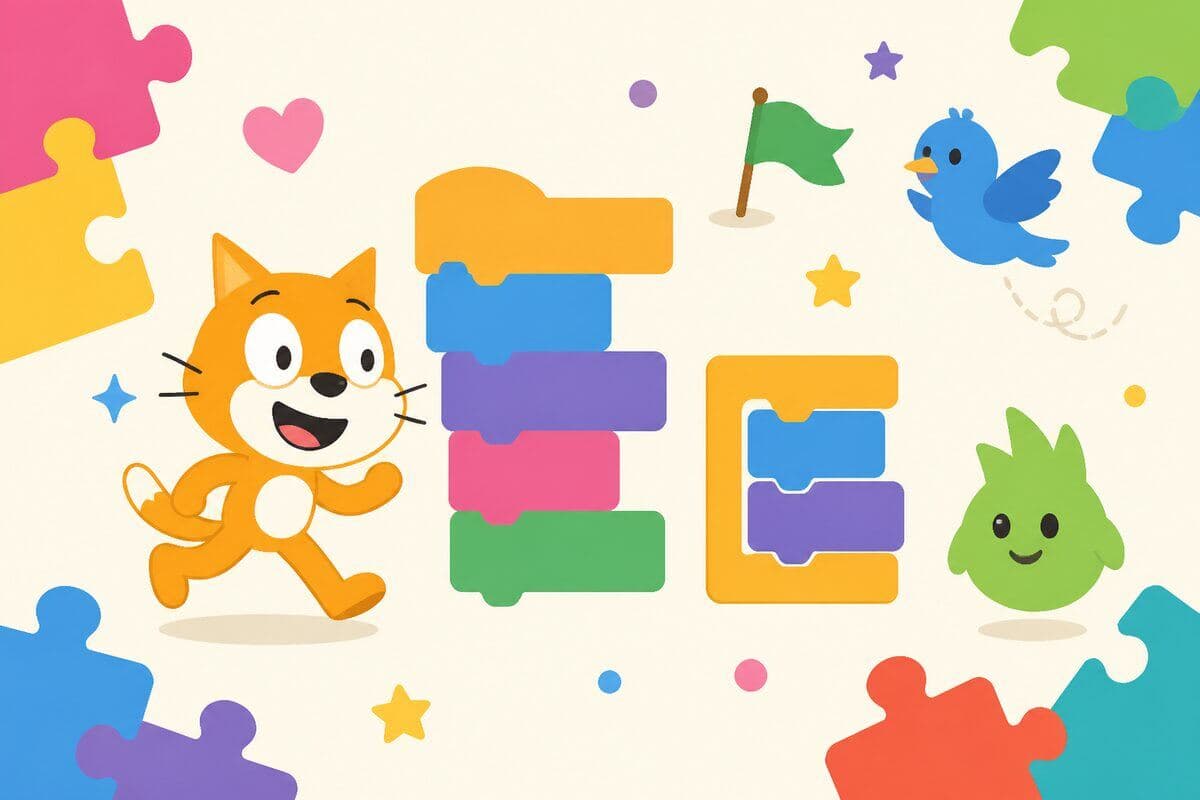 Çocuklar için Scratch görsel programlama illüstrasyonu