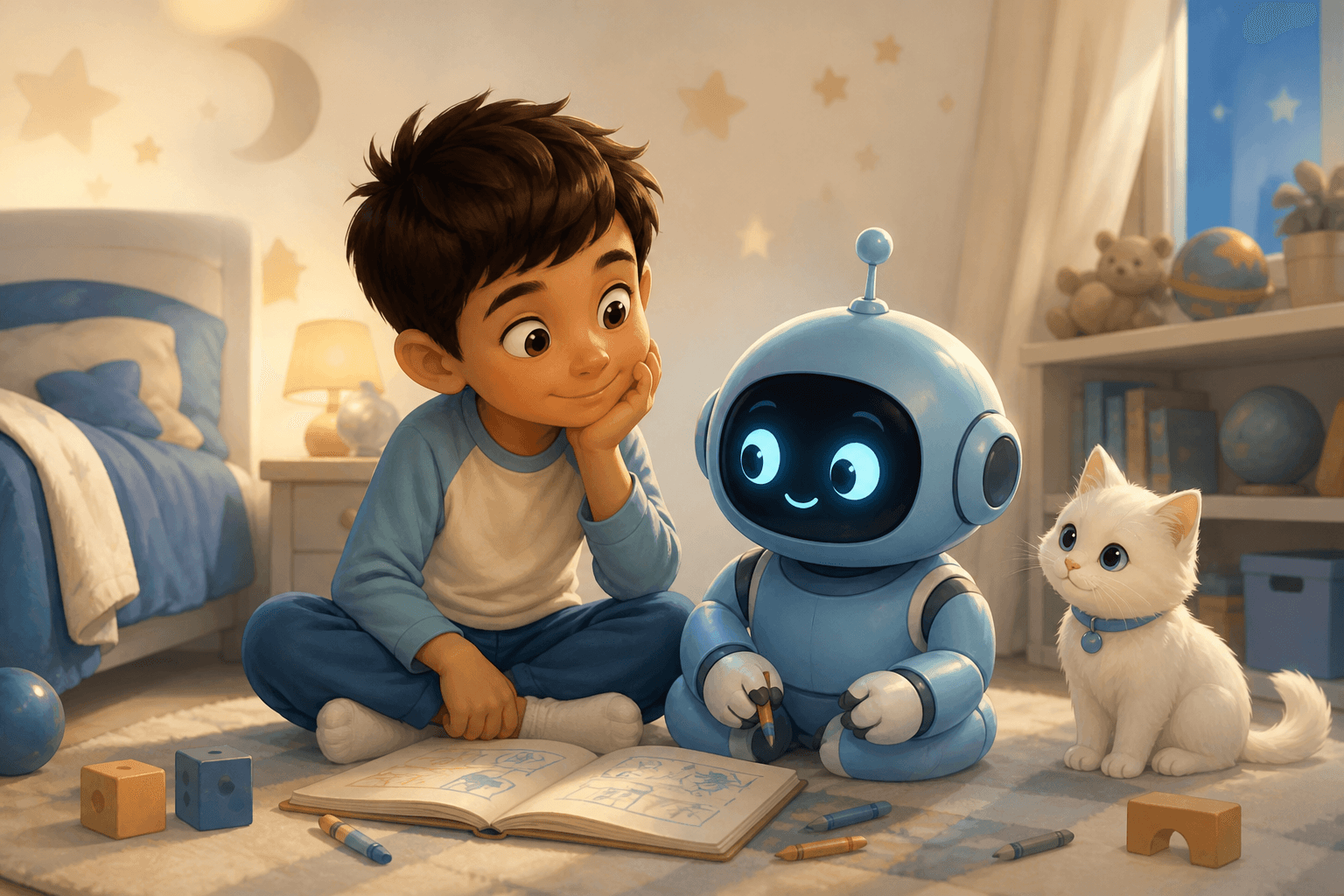 Meraklı Mert ve Zekai kitabını anlatan illüstrasyon: çocuk ve mavi robot